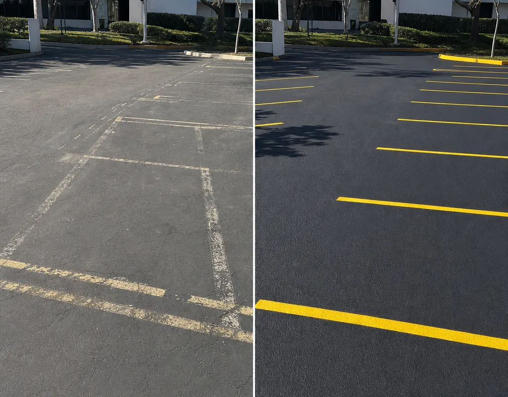 Before and after views showing faded striping replaced by aligned stalls with controlled ghost lines