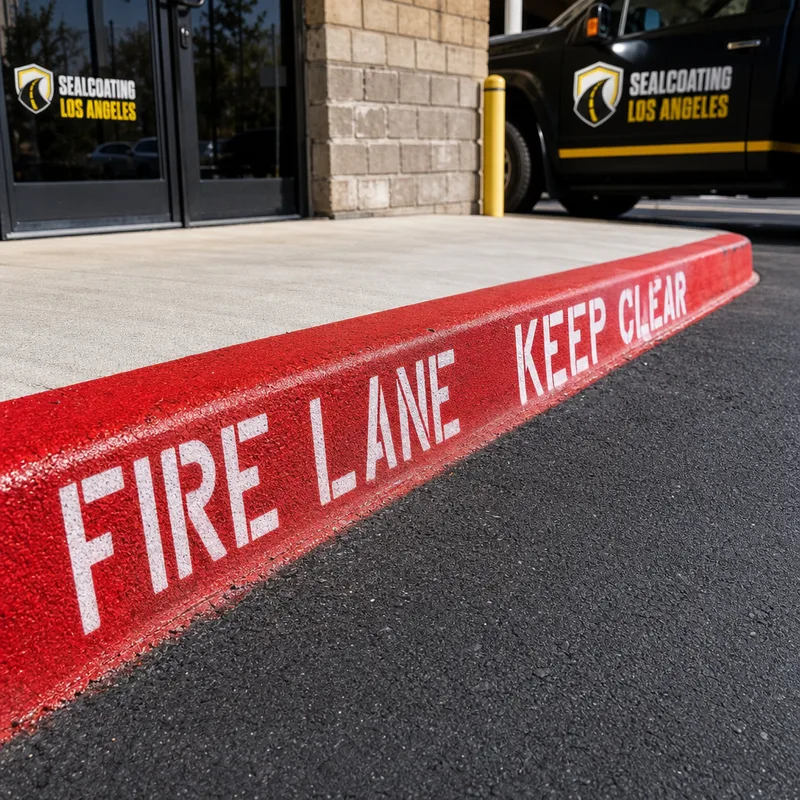 Red curb fire lane striping with legible stenciling and a keep-clear zone near a commercial entry