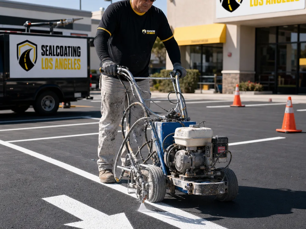 Striping crew applying a white stall line and directional arrow to dark asphalt in a commercial lot