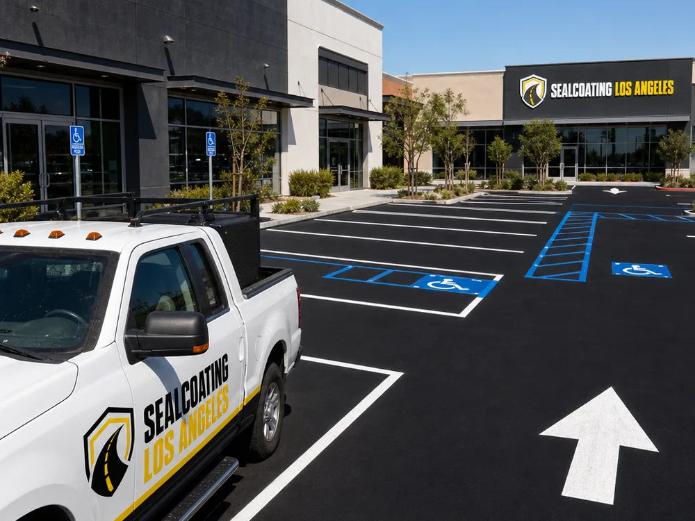 Retail center parking lot with white stall lines, blue accessible spaces, access aisles, and directional arrows