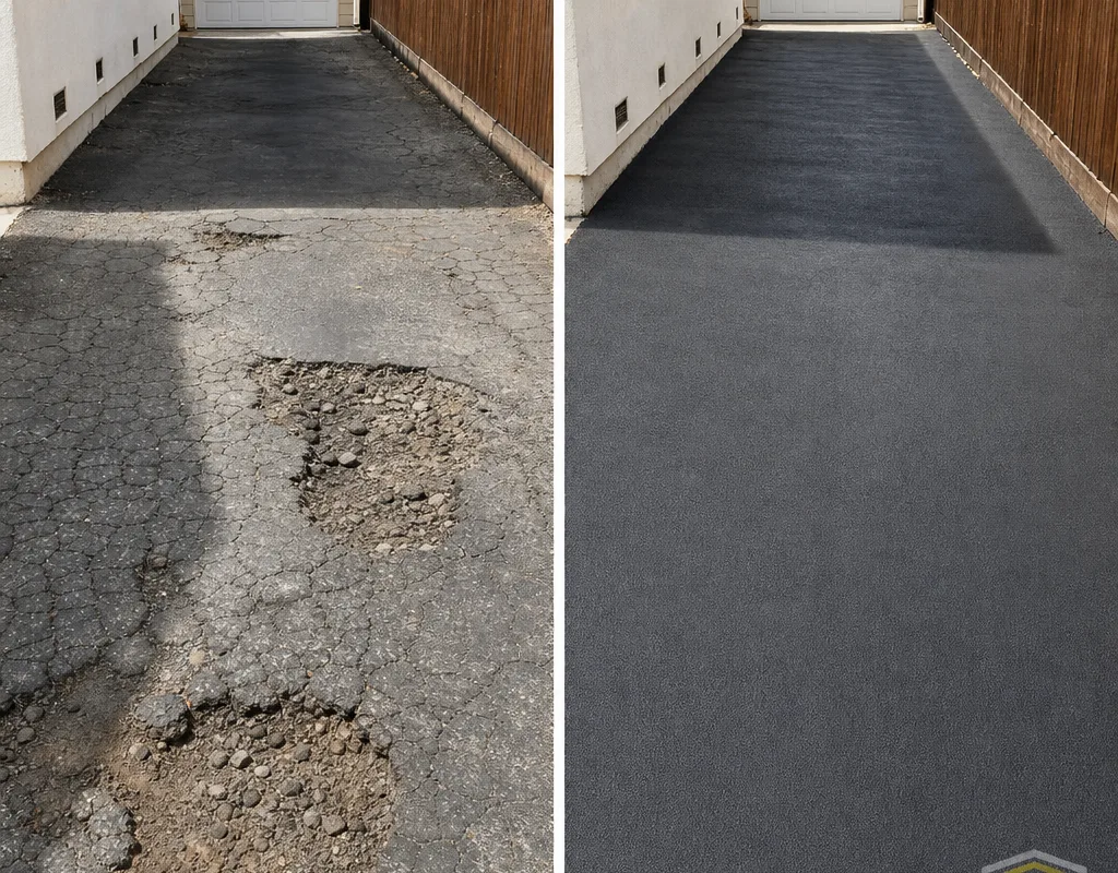 Before-and-after residential driveway showing a pothole and alligator cracking replaced with a compacted hot-mix asphalt patch