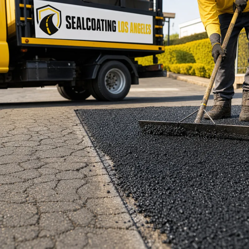 Alligator cracking beside a clean saw-cut repair outline with fresh hot-mix asphalt being raked before compaction