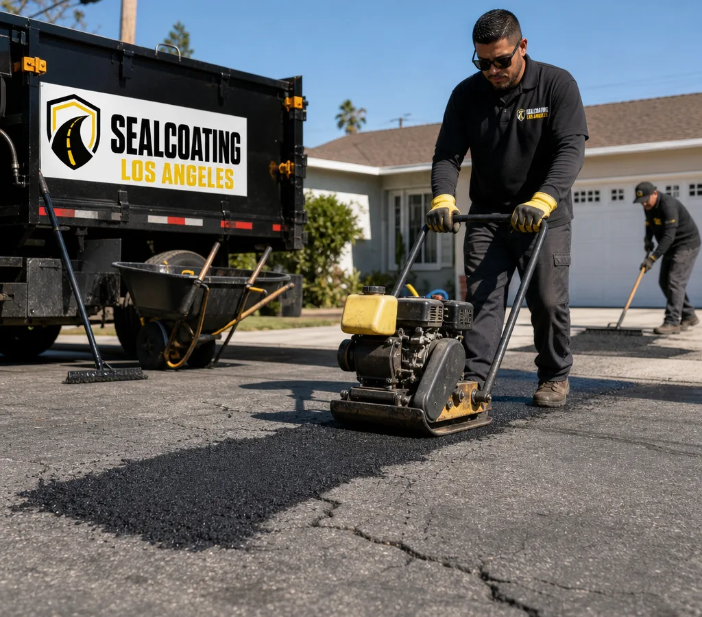 Crew performing asphalt driveway repair on a Los Angeles residential driveway with a visible crack and patched area being compacted