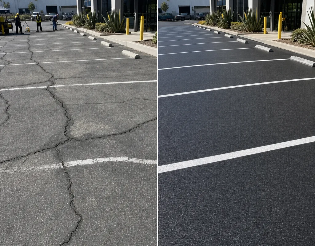 Before and after commercial parking area crack filling