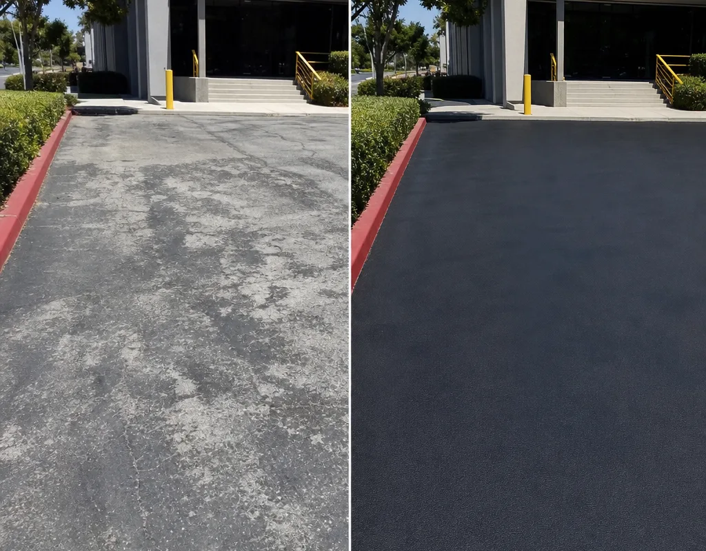 Before and after view of oxidized gray asphalt and a dark, evenly sealcoated parking lot surface