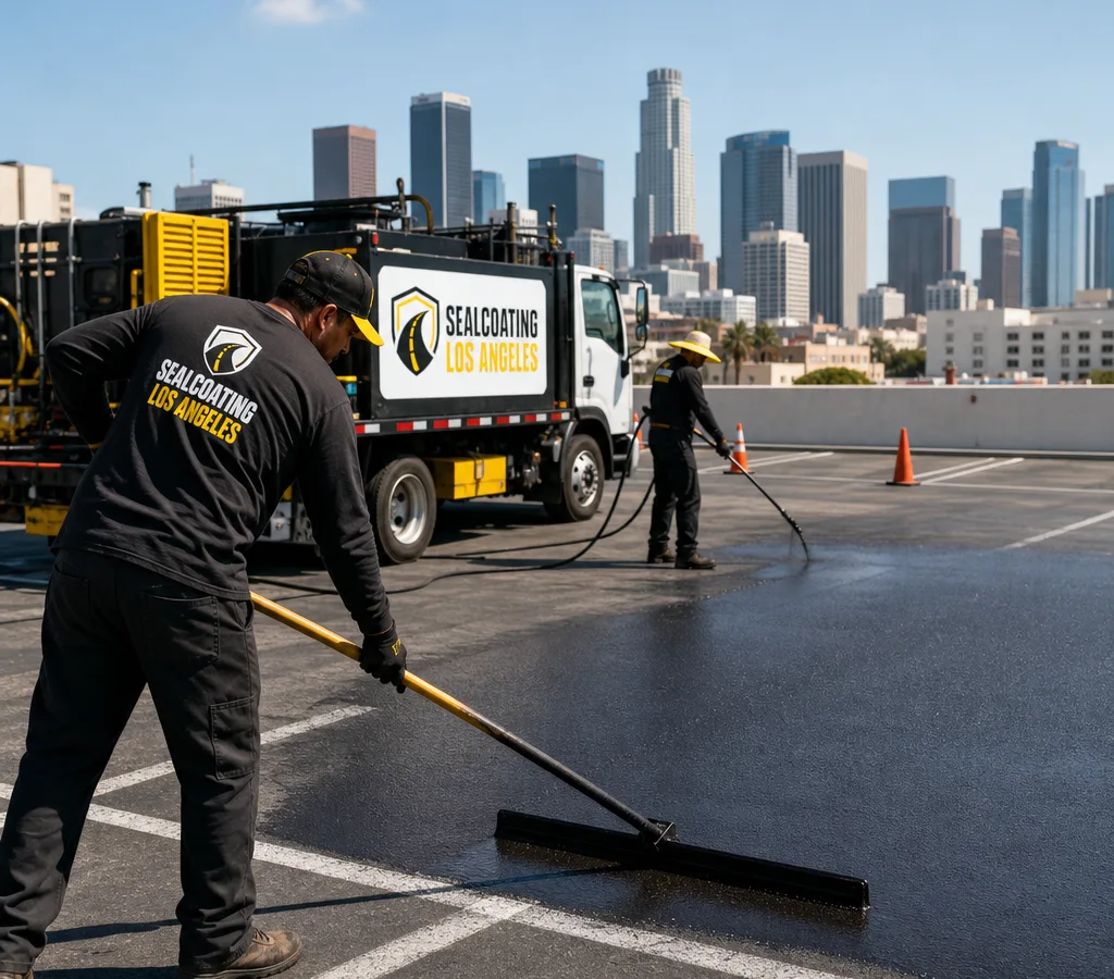 Crew applying a uniform commercial asphalt sealcoat on a Los Angeles parking lot with traffic cones and closed lanes