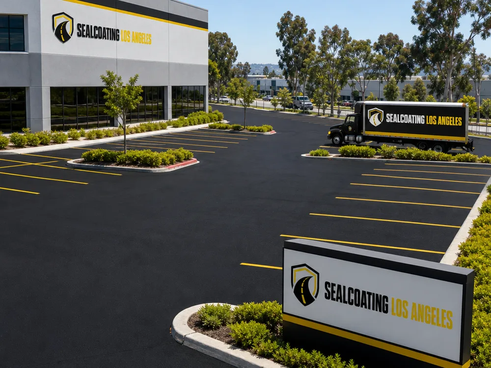 Freshly sealcoated commercial parking lot with uniform coverage and clean edges along curbs and islands