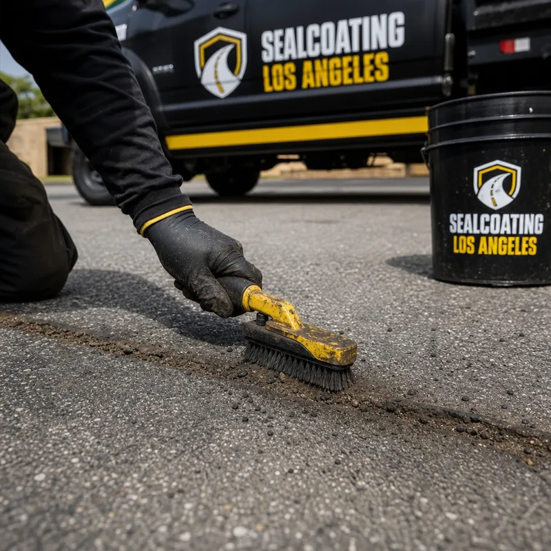Technician cleaning and preparing an asphalt driveway crack and edge before sealcoat application