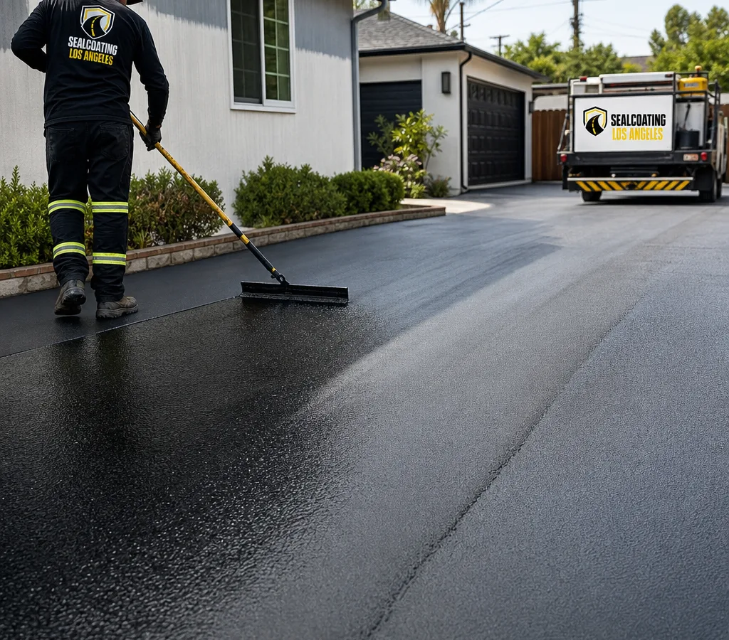 Freshly sealed blacktop residential driveway in Los Angeles with crisp edges and uniform coverage