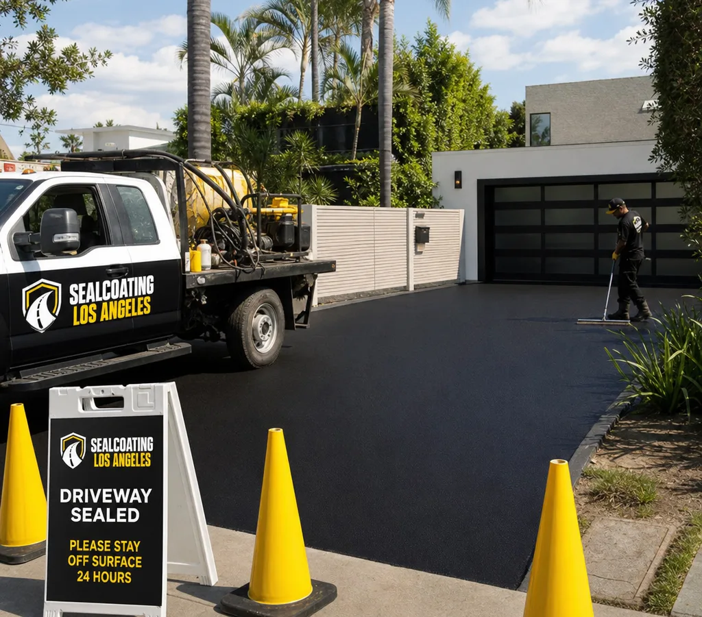 Freshly sealcoated Los Angeles driveway with clean edges and traffic cones during curing