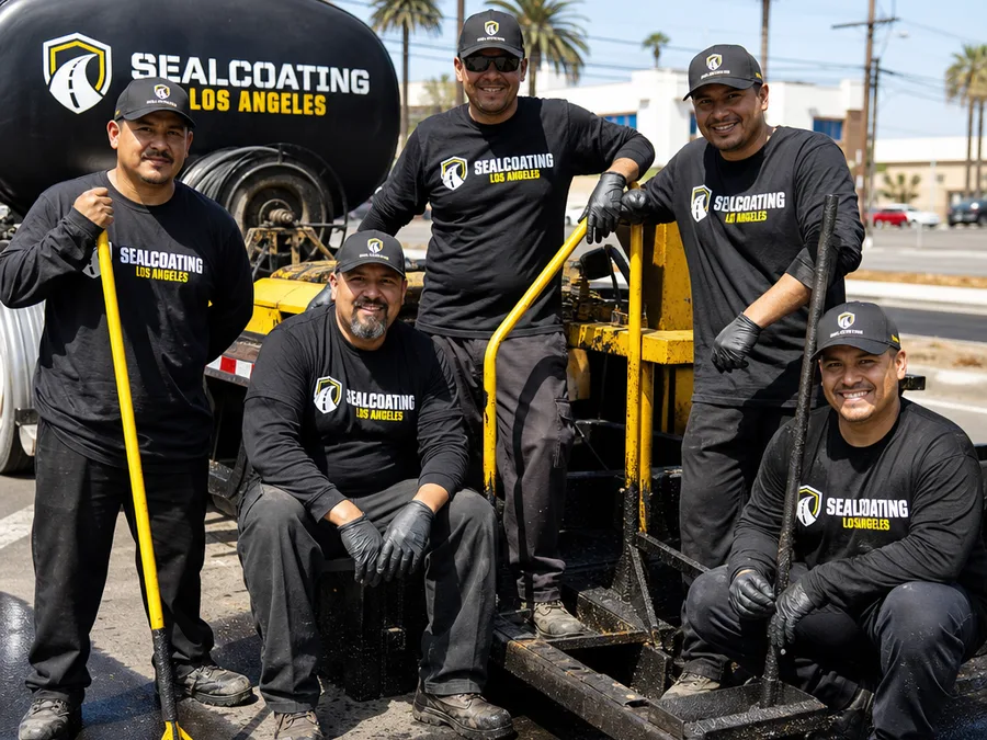 Asphalt maintenance crew beside sealcoating equipment at a Los Angeles jobsite